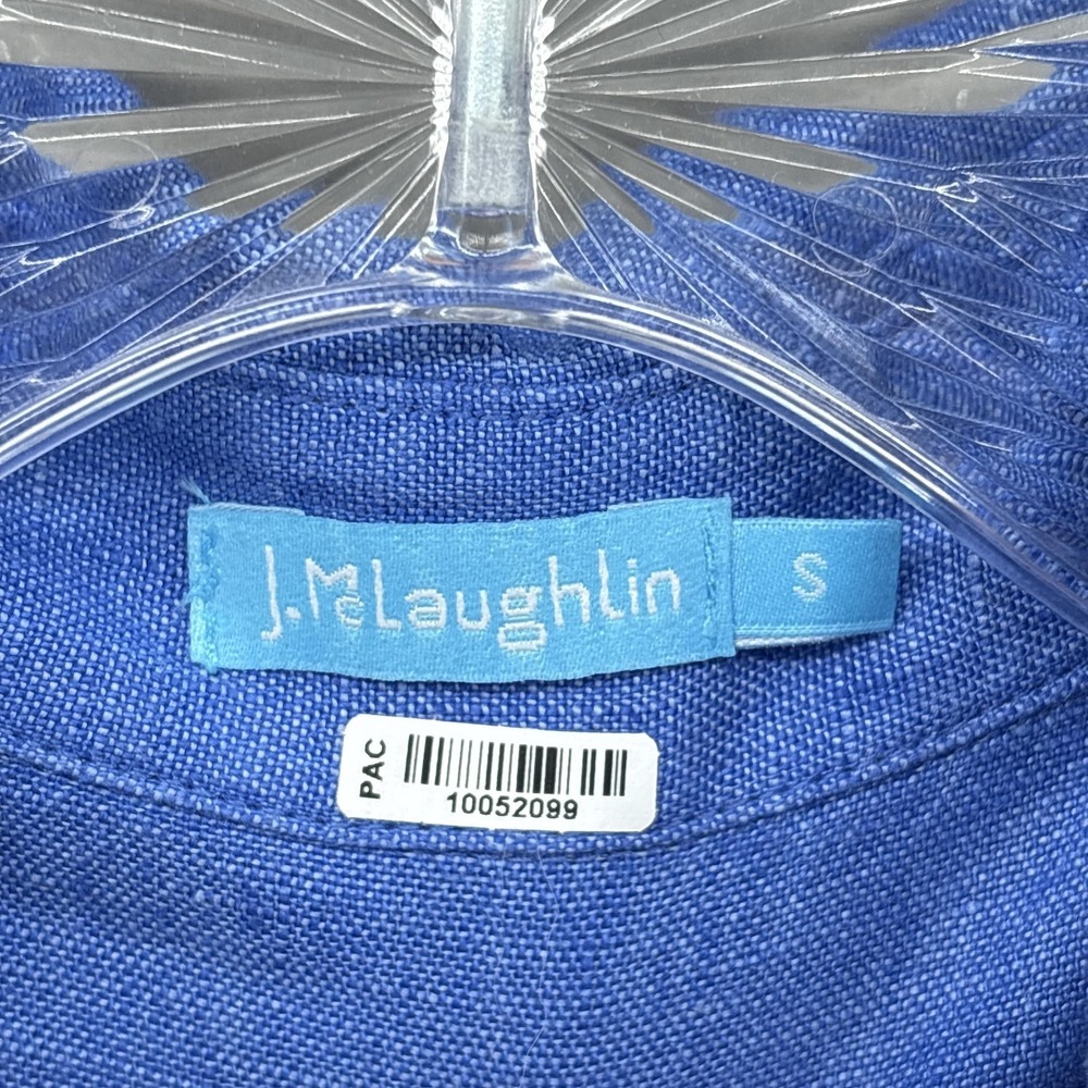 J McLaughlin Dress Small Blue Linen Sleeveless Shirt Collared Pockets Resort - Picture 4 of 10